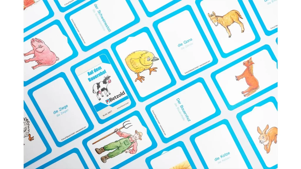 Lær tysk med kortspil til ordforråd om bondegården.