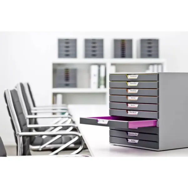 Skuffeboks med 10 skuffer. Varicolor fra Durable. Ekstrem praktisk til dit kontor og din forberedelse.