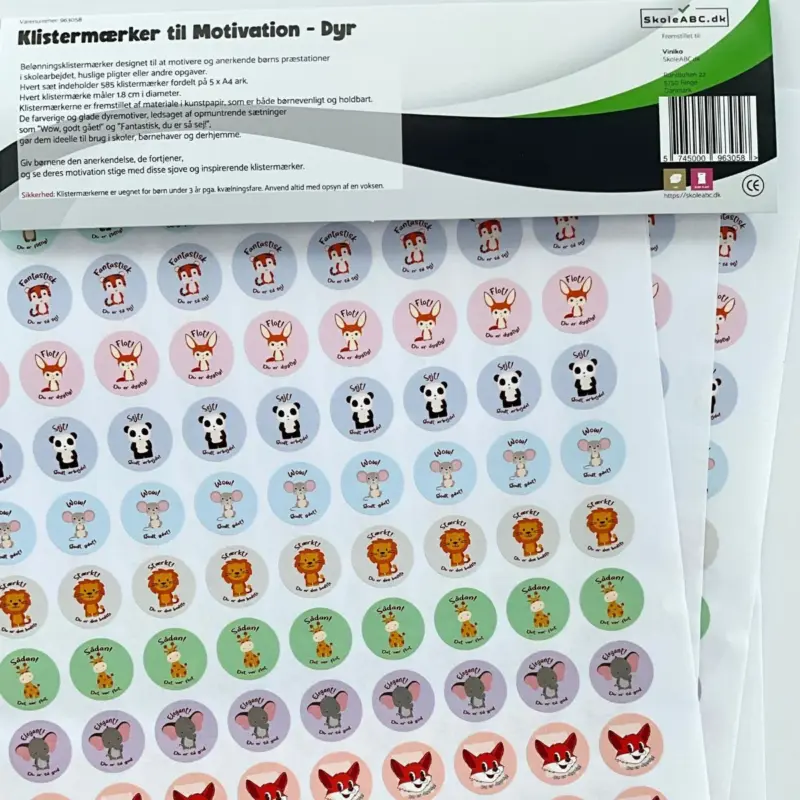 Klistermærker til Motivation med søde dyremotiver - 585 stk. pr. sæt