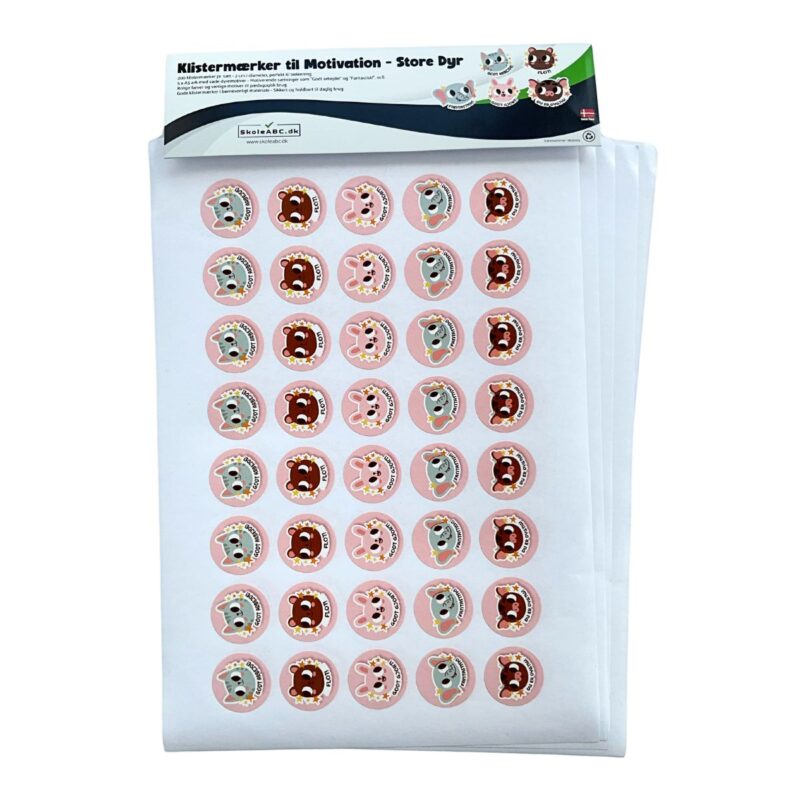Klistermærker til Motivation med søde dyremotiver - store klistermærker- 240 stk. pr. sæt