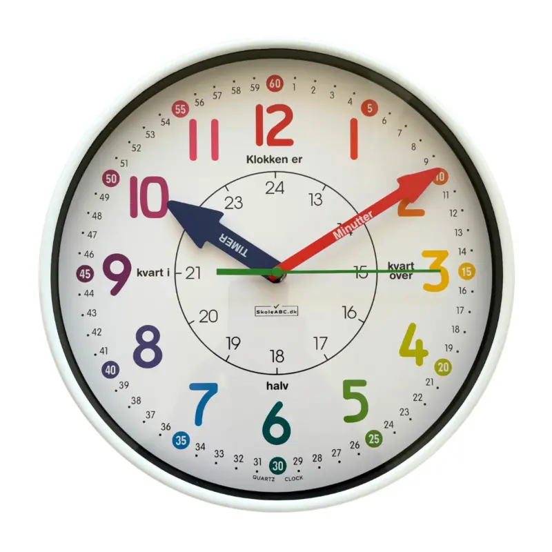 Læringsur 30 cm, hvid ramme, lær klokken, vægur til børn