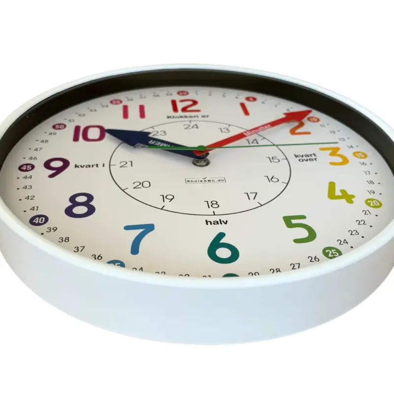 Læringsur 30 cm, hvid ramme, lær klokken, vægur til børn