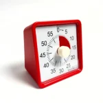 Lydløs timer i rød – et praktisk nedtællingsur til skole, hjem og køkken. Perfekt som time timer til opgaver, pligter og madlavning. CE-godkendt og robust design. Lille timer. Forfra.
