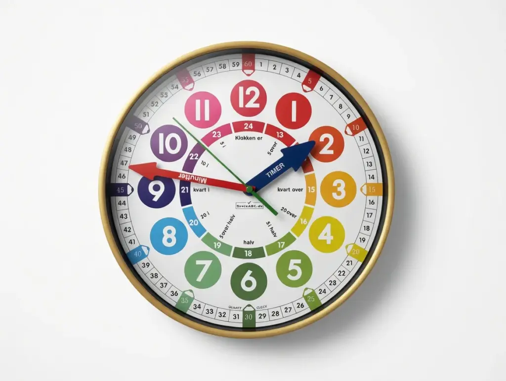 Vægur til børn lydløst- Læringsur til at lære klokken. Børneur.