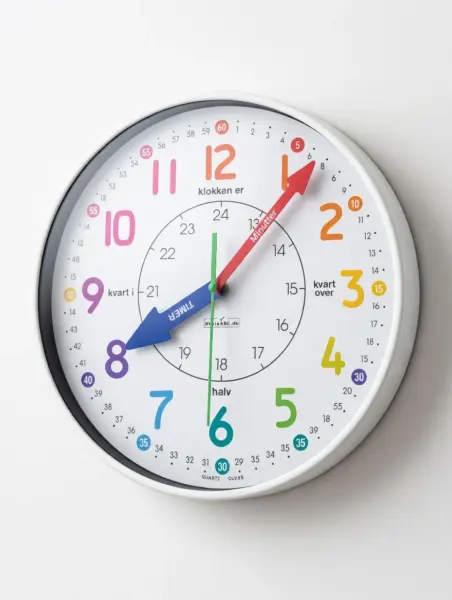 Læringsur 30 cm, hvid ramme, lær klokken, vægur til børn