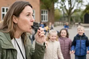 Lærer fløjter på fløjte i frikvarteret