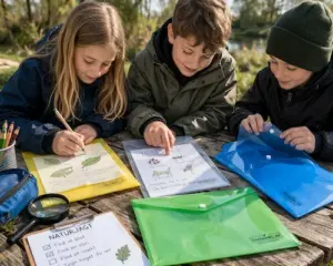 Elever arbejder udendørs med plastmapper