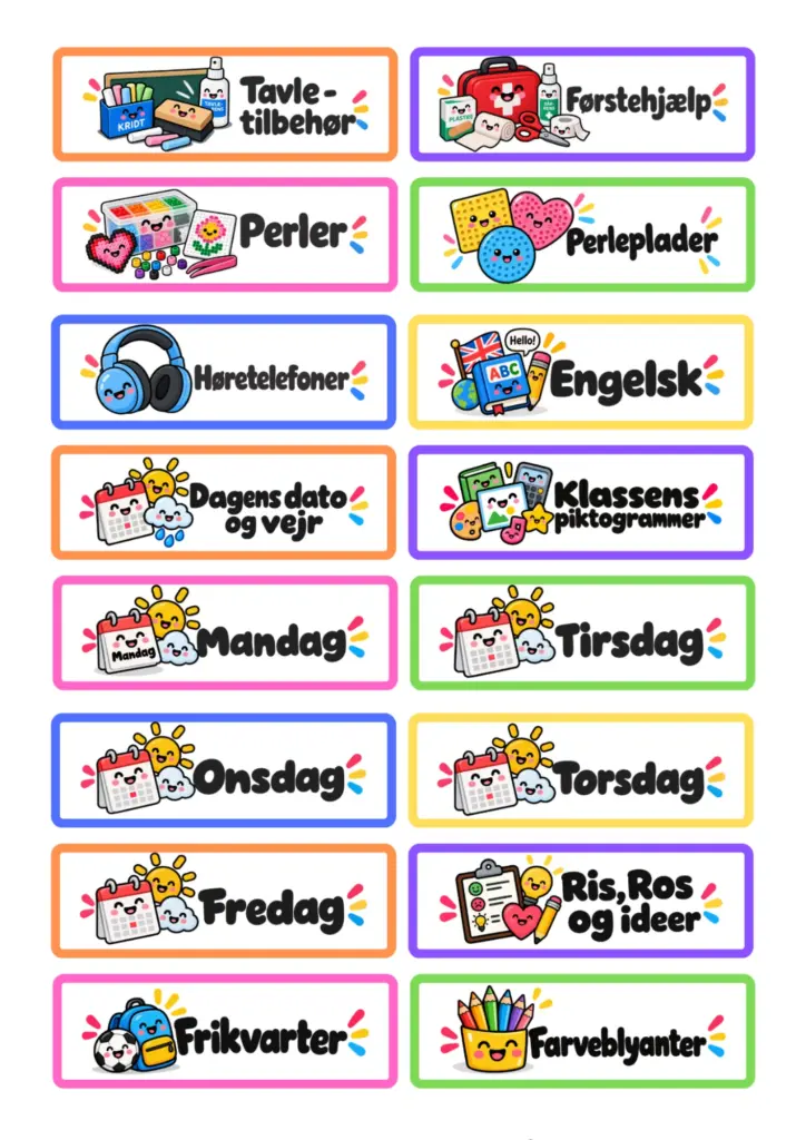 Klasseværelseslabels – 32 farverige og børnevenlige labels