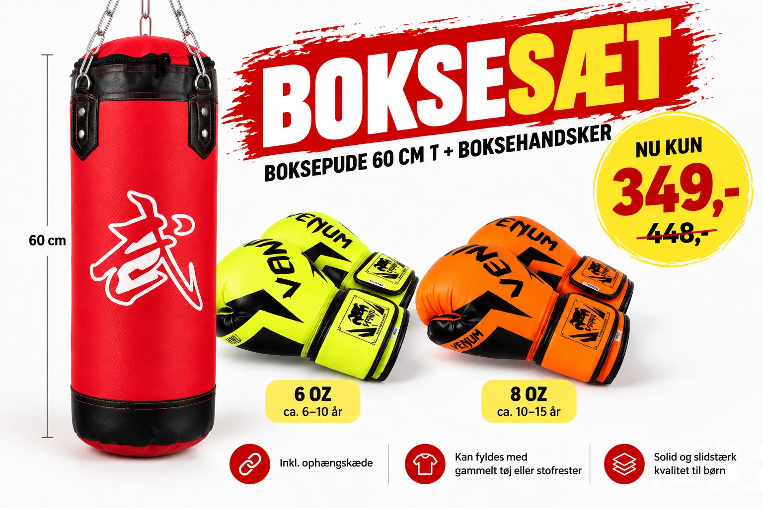 Boksesæt til børn – Boksepude 60 cm + boksehandsker – billede 1