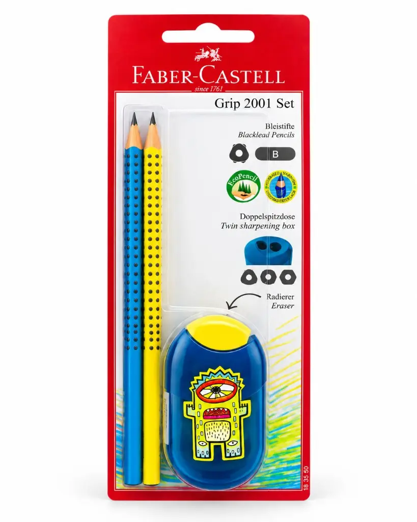Faber-Castell Grip 2001 Sæt – 2 Blyanter, Blyantspidser og Viskelæder – billede 1
