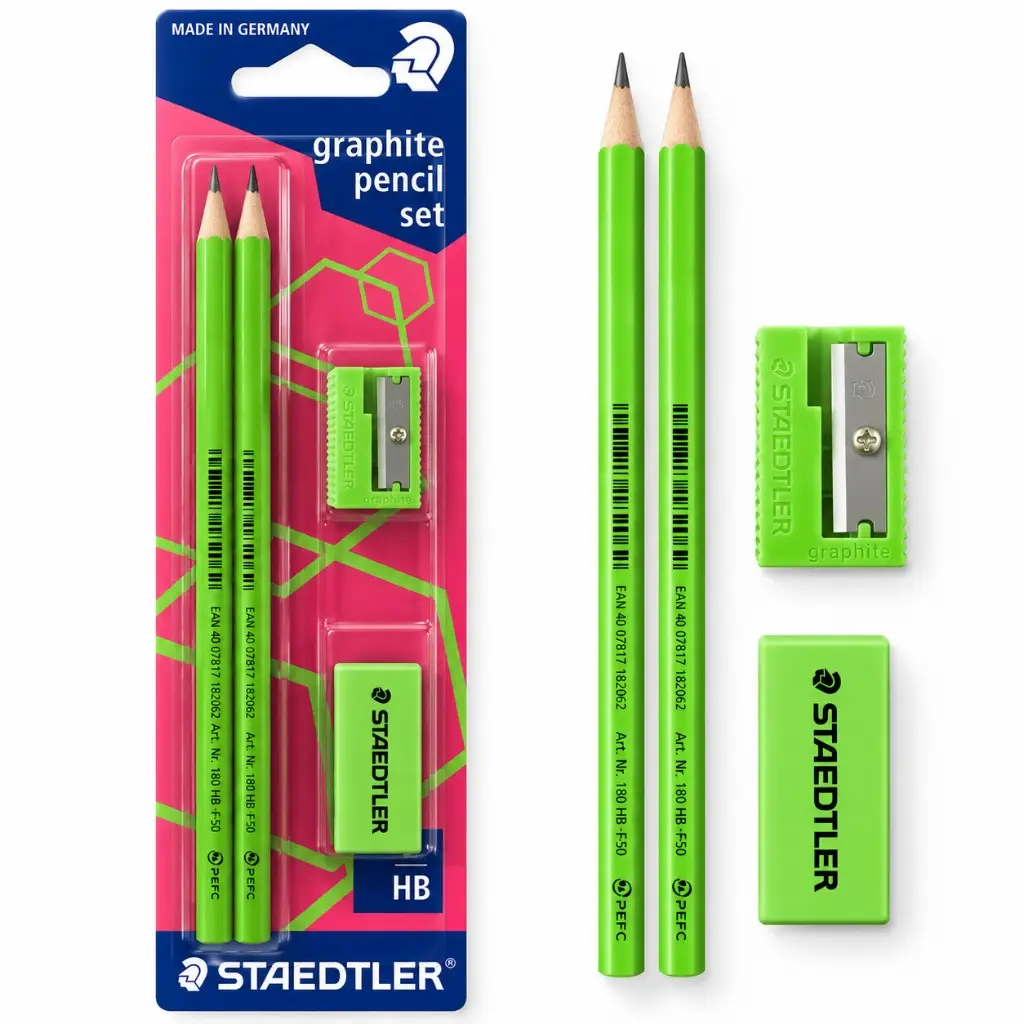 STAEDTLER WOPEX Neon Blyantsæt – 2 HB-blyanter, Spidser og Viskelæder – billede 2