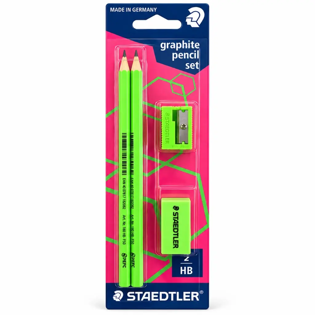 STAEDTLER WOPEX Neon Blyantsæt – 2 HB-blyanter, Spidser og Viskelæder – billede 1