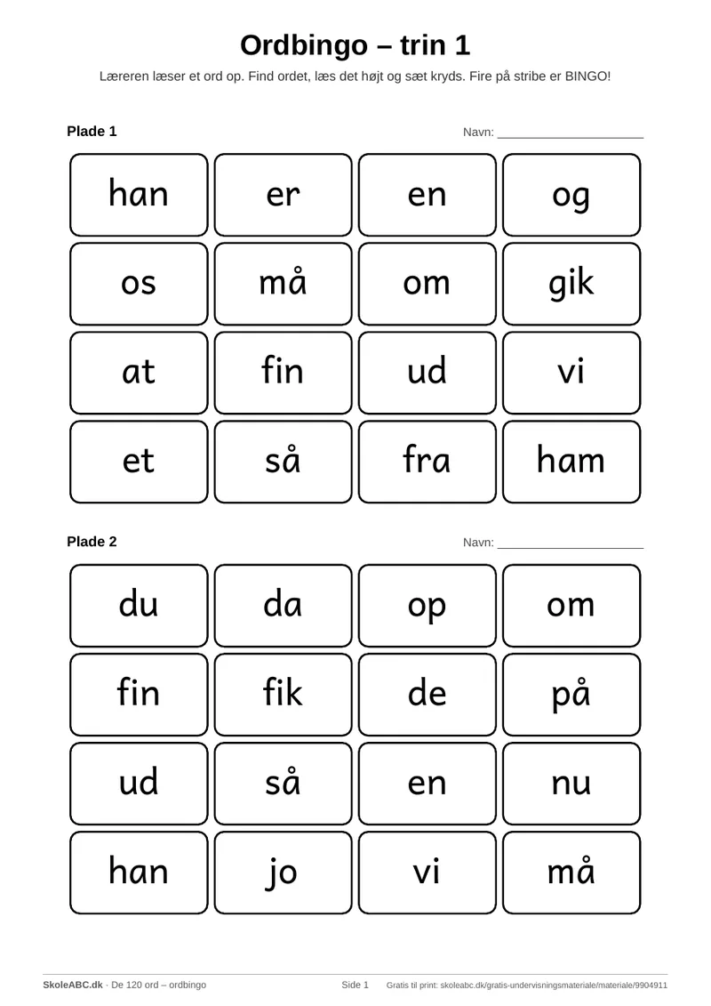 Forside af arket Ordbingo med de 120 ord (24 plader)