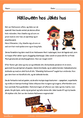 Forside af arket Halloween-opgaver – dansk læsning